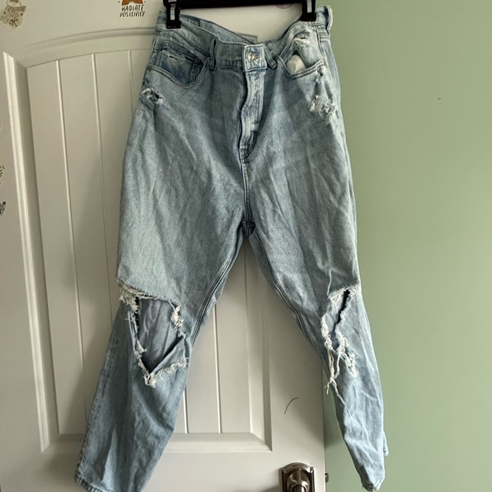 American Eagle Outfitters Blue Straight Leg Jeans with Distressed Details